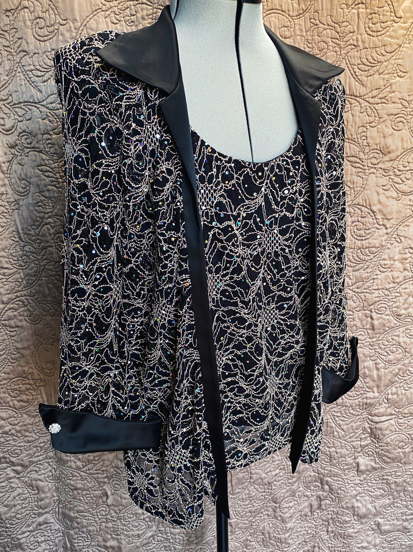 Black and Gold Metallic Lace One-Piece Jacket - Sequin Embellishments, Satin Trim, and Rhinestone Buttons - Formal Evening Blazer - Size 14