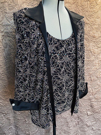 Black and Gold Metallic Lace One-Piece Jacket - Sequin Embellishments, Satin Trim, and Rhinestone Buttons - Formal Evening Blazer - Size 14
