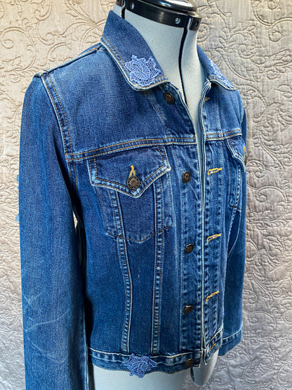 Upcycled Denim Jacket, Boho Style with Lace Appliqué - Floral Lace Embellishments - Sustainable Fashion - One of a Kind Jean Jacket - Size Small