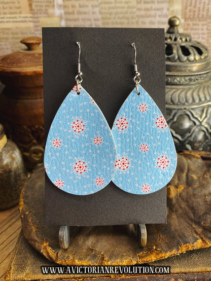 Light Blue - Red Snowflake Print - Faux Leather - Teardrop Dangle Earrings