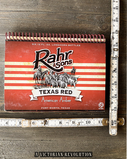 Upcycled Rahr & Sons Texas Red American Amber Beer Packaging Spiral Notebook, Handmade Fort Worth Texas Craft Brewery Stationery, Eco-Friendly Journal for Beer Lovers