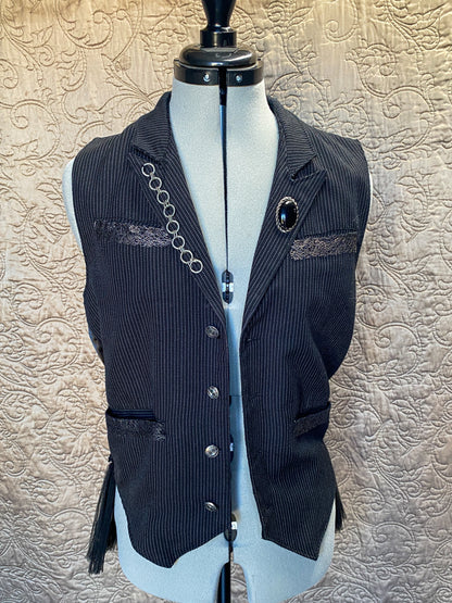 Black Pinstripe Upcycled Steampunk Vest - Lace Trim, Chain Detail, Tulle Ruffle - Gothic, Victorian, Cosplay - Small