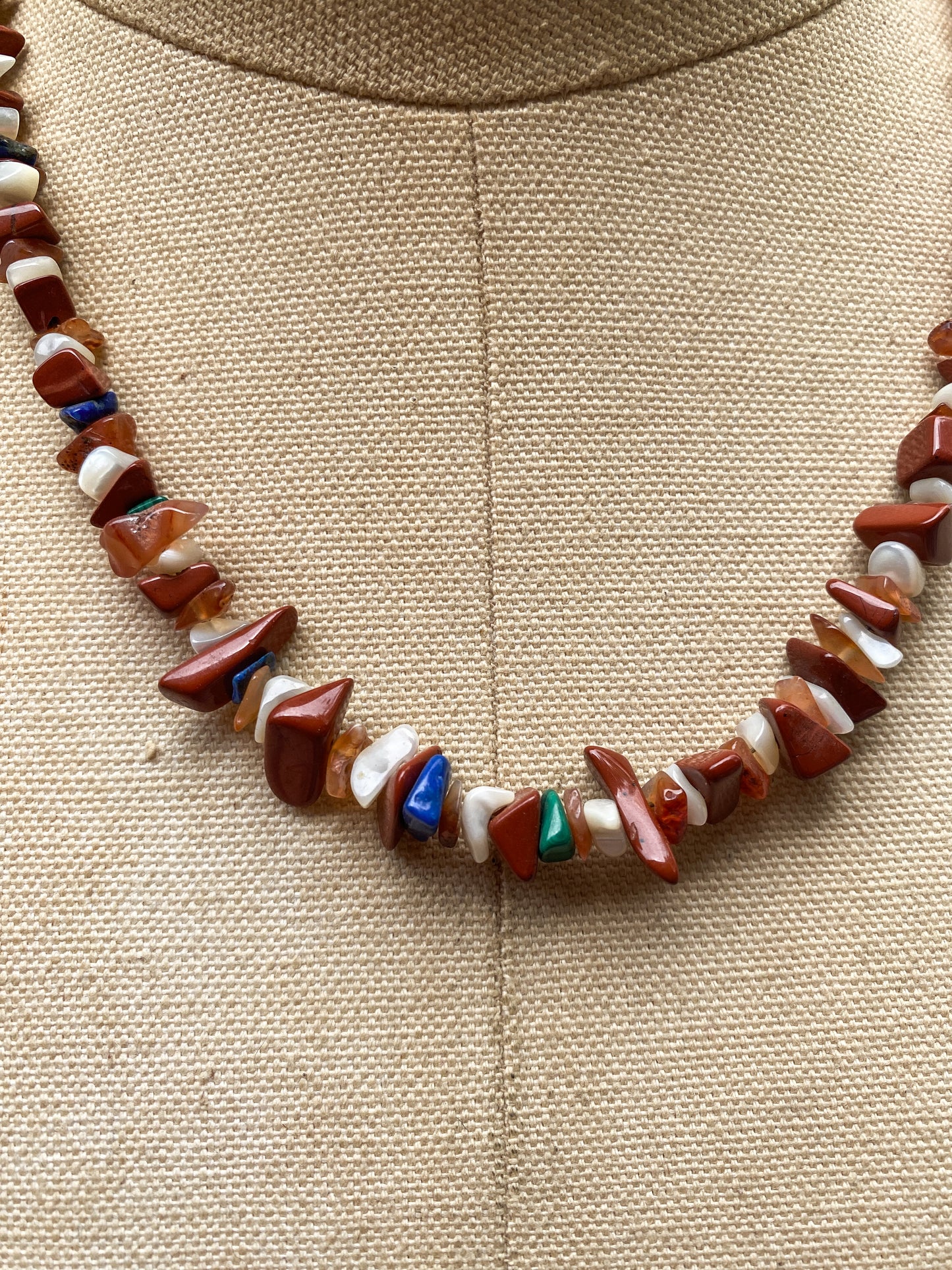 Vintage Red Jasper, Mother Of Pearl, Lapis Lazuli, Malachite and Carnelian Chip Necklace - Retro Style Natural Stone Jewelry