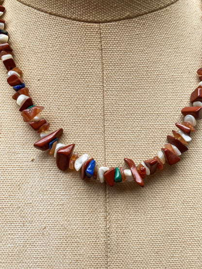 Vintage Red Jasper, Mother Of Pearl, Lapis Lazuli, Malachite and Carnelian Chip Necklace - Retro Style Natural Stone Jewelry