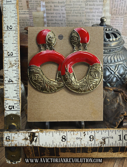 Red Enamel and Gold Tone Floral Dangle Door Knocker Statement Earrings - Vintage - 1980s
