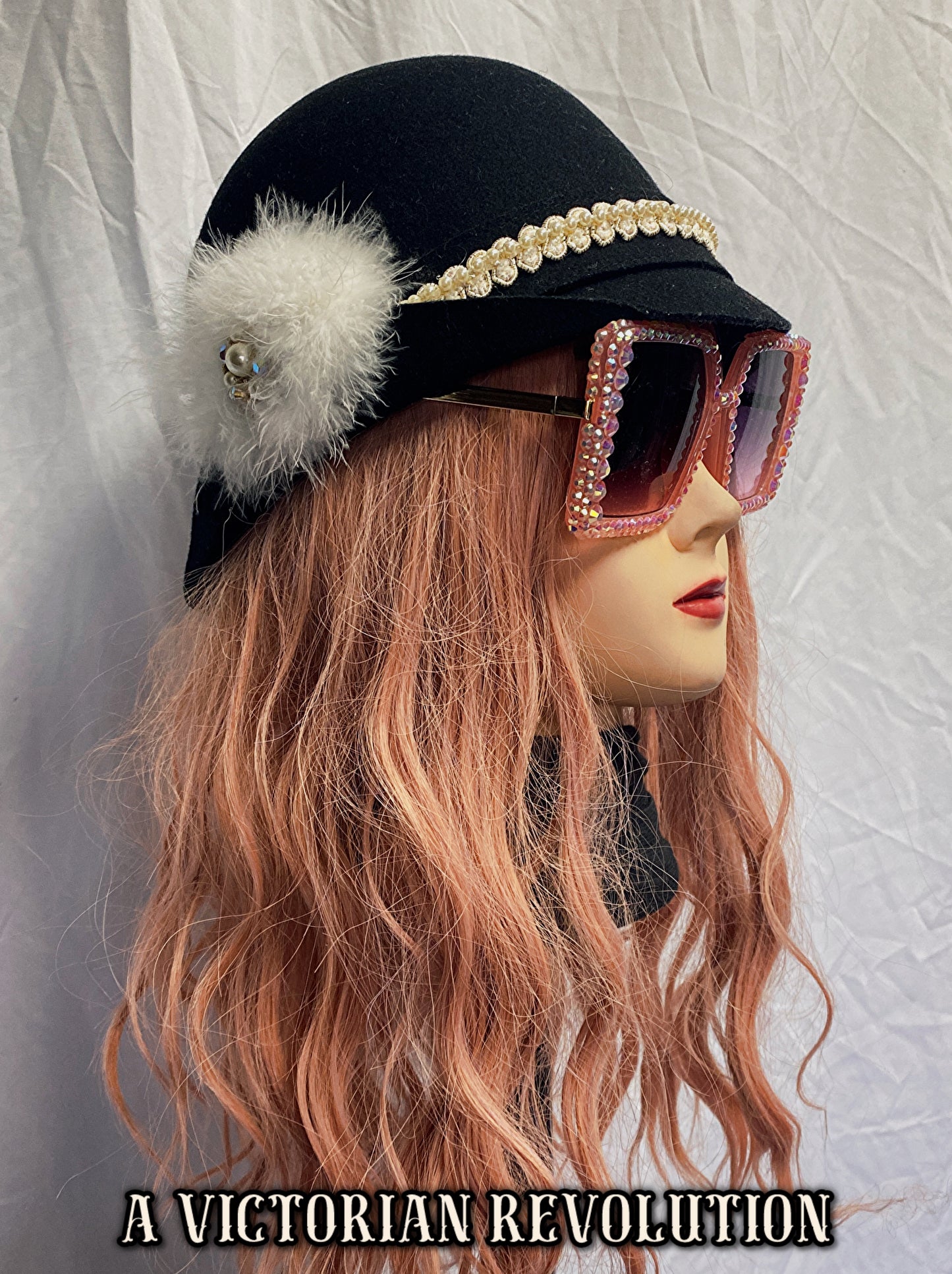 Black Felt Cloche Bucket Hat with a White Feather and Faux Pearl Accent