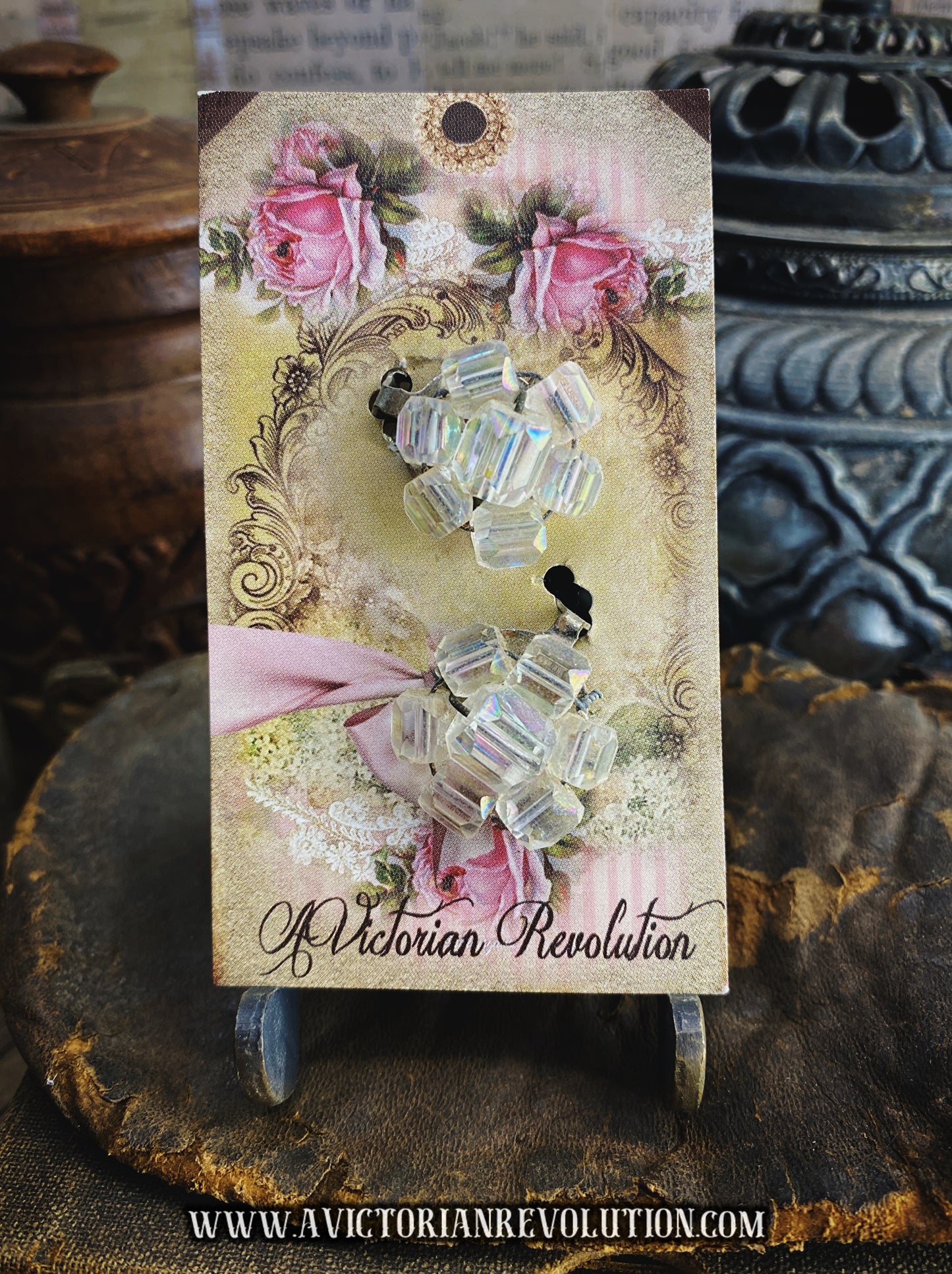 Shimmering Iridescent Crystal-Style Bead Cluster Clip-On Earrings - Mid-Century Era - Vintage