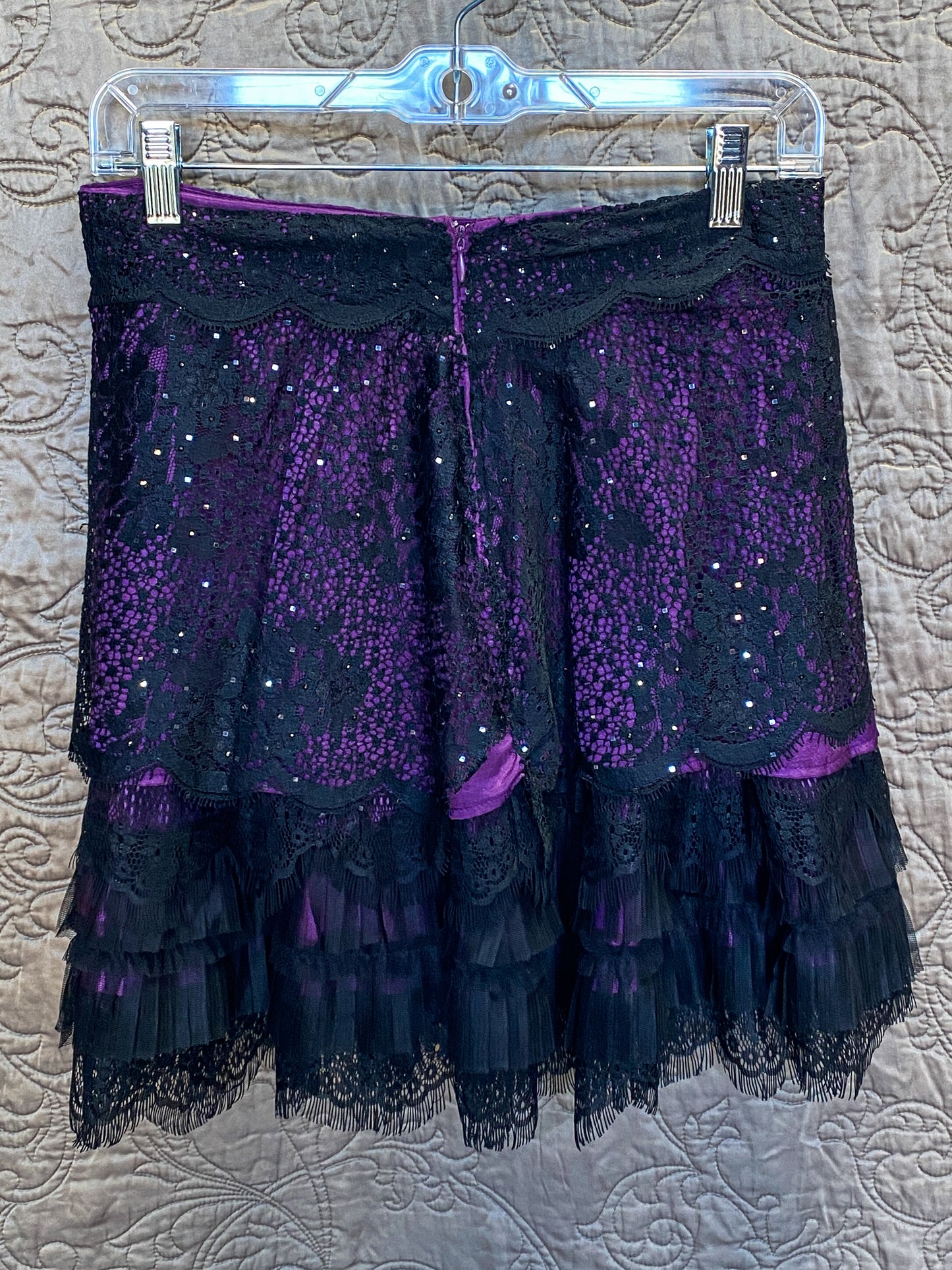Purple Layered Mini Skirt - Punk, Goth - Lace, Sequin, Ruffle- Size Small