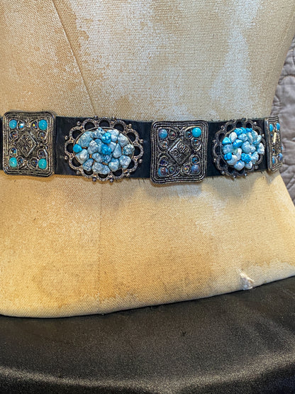 Black Leather Southwestern Concho Belt - Turquoise & Silver Ornate Buckle - Western Shabby Chic Accessory