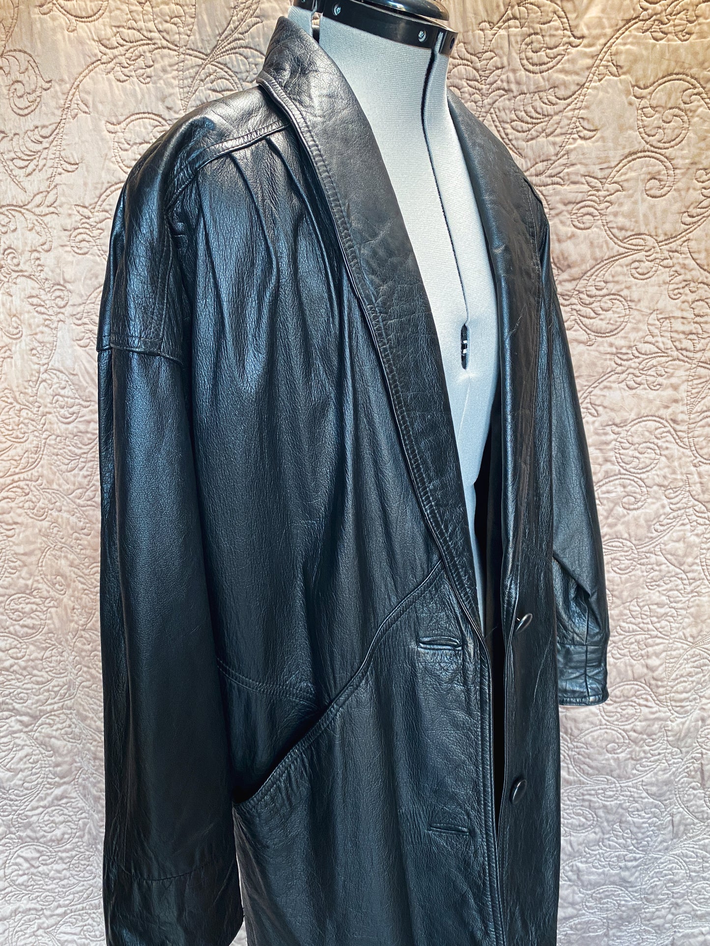 Vintage 80s Retro Black Jacqueline Ferrar Genuine Leather Trench Coat- Retro Pleated Shoulders, Pockets- Long Oversized Duster
