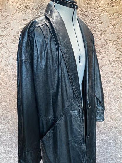 Vintage 80s Retro Black Jacqueline Ferrar Genuine Leather Trench Coat- Retro Pleated Shoulders, Pockets- Long Oversized Duster