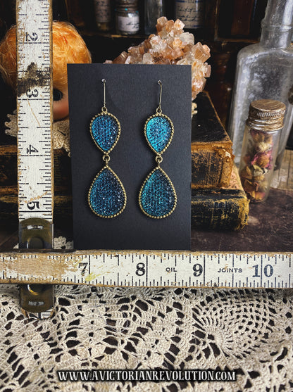Teal Blue Pave Teardrop Double Drop Earrings - Gold Beaded Trim - Vintage Style - Handmade - Used