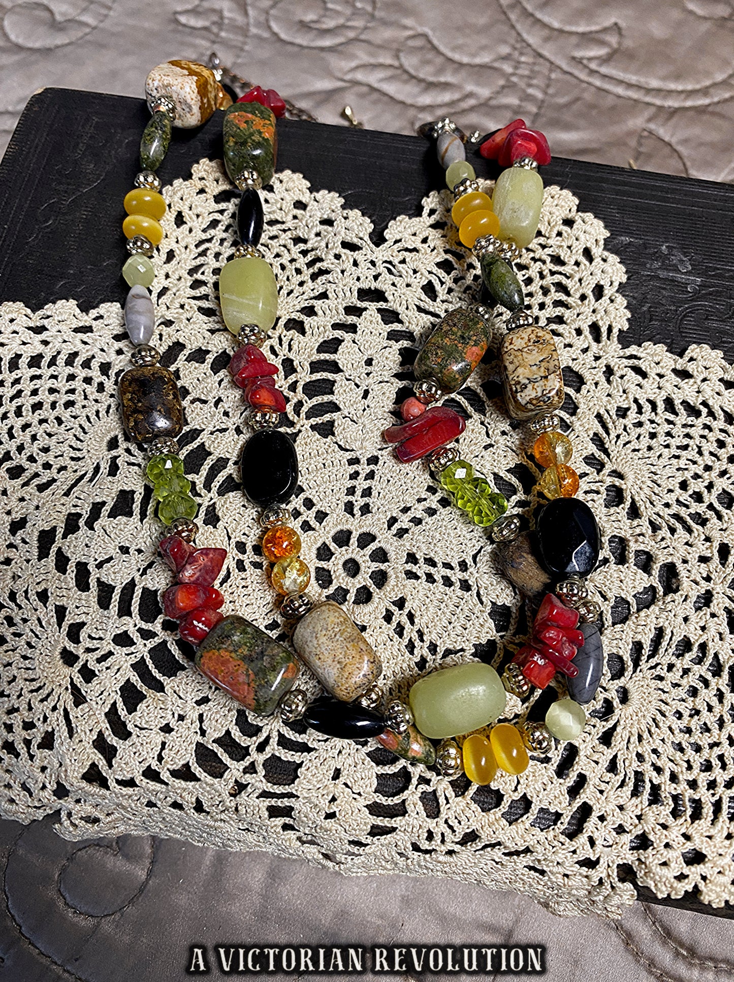 Chakra Necklace - Gemstone Beaded Necklace - Unakite, Picture Jasper, Onyx - Healing Crystal Jewelry - Natural Gemstones