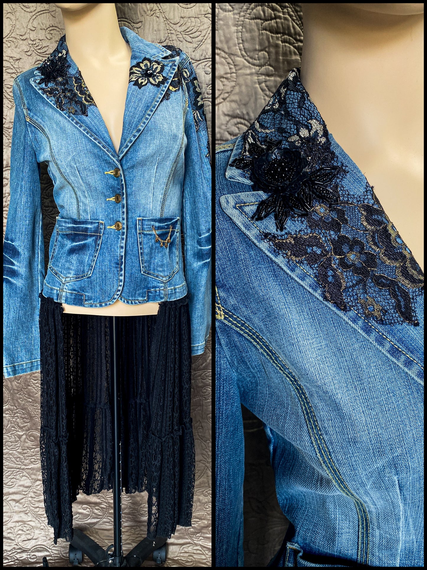 Denim Jacket with Black Lace Appliques and Long Black Lace Skirt XS