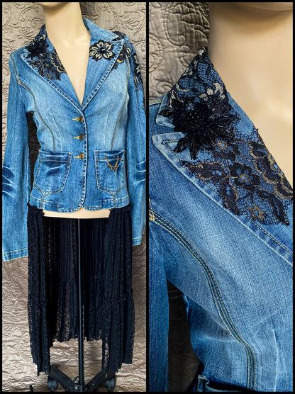Denim Jacket with Black Lace Appliques and Long Black Lace Skirt XS