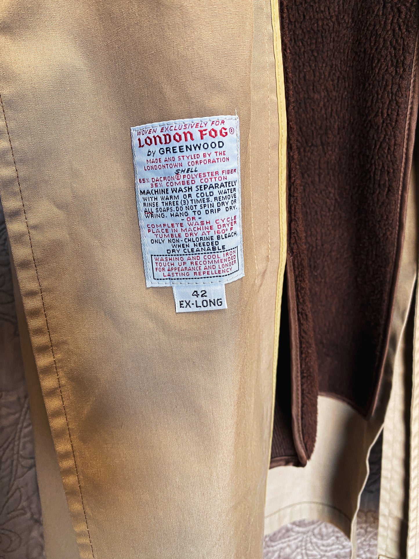 Vintage Tan London Fog Double Breasted Trench Maincoat - Belted Waist, Zip-out Liner, Classic Style, Retro Raincoat - Size 42 Ex-Long