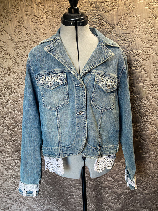 Denim and Lace Upcycled Victorian Jacket -XL