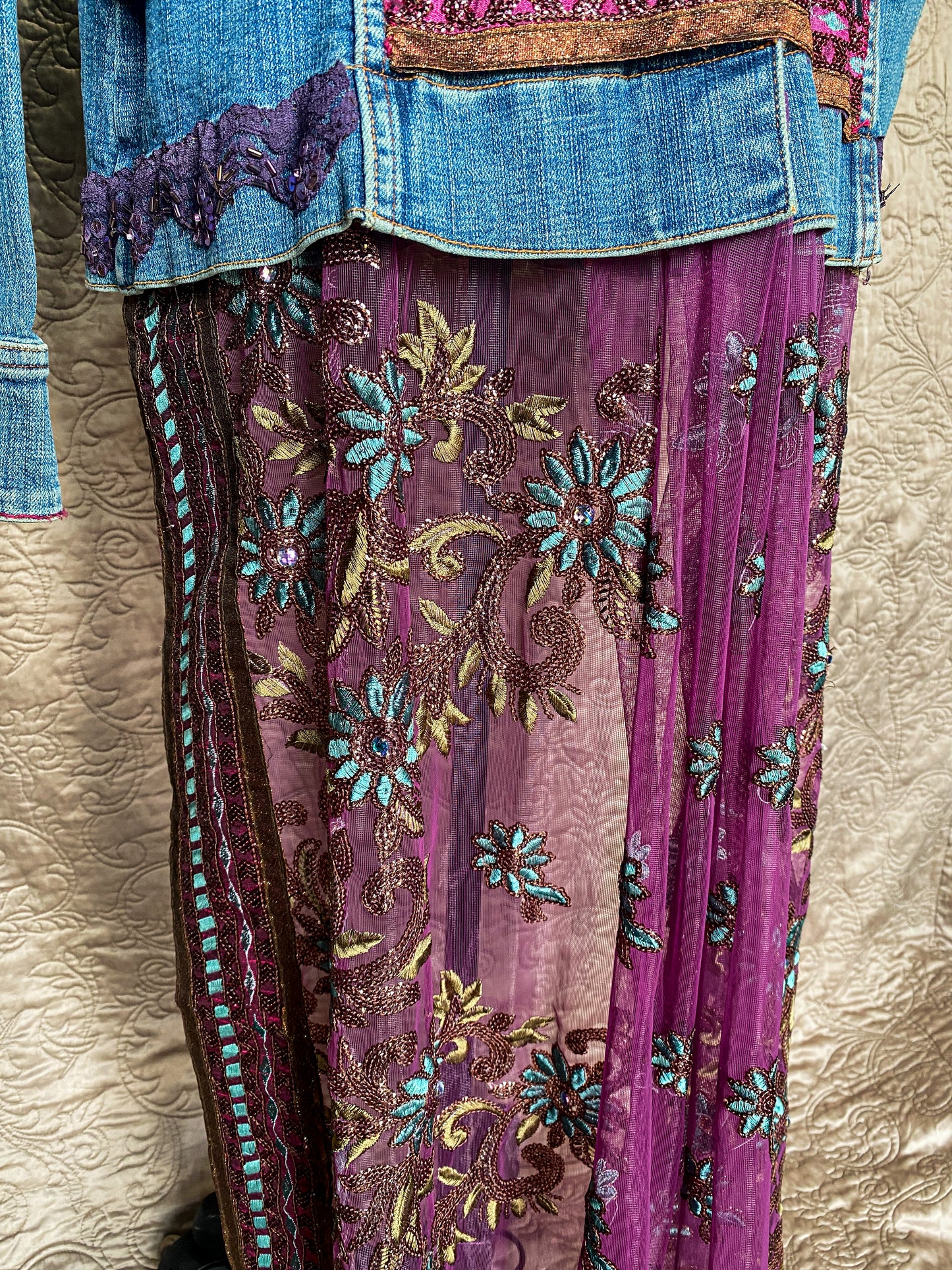 Blue + Purple Upcycled Denim Jacket with Sheer Embroidered Skirt - Boho Chic Artisan Wear - Plus Size 18/20 - Embellished - One-of-a-Kind - Floral Embroidery + Lace Trim