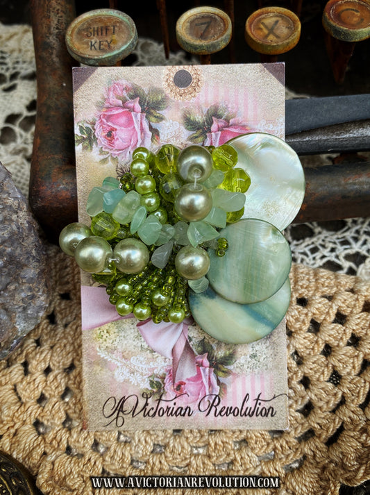 Beautiful Green Cluster Brooch - Mother of Pearl Buttons, Faux Pearls, Stones, Beads - Vintage 1960s