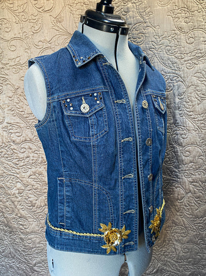 Upcycled Denim Vest with Gold Sequin Floral Applique - Glam Boho, Size Small,