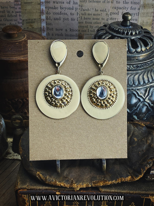 Vintage Cream and Gold Tone Drop Earrings - Clear Center Cabochen - Beaded Detail - 1980s Retro - Used Costume Jewelry