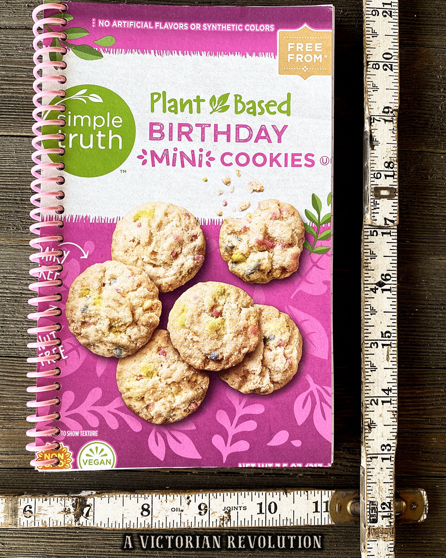 Upcycled Simple Truth Plant-Based Birthday Mini Cookies Spiral Notebook, Handmade Vegan + Vegetarian Eco-Friendly Gift, Recycled Snack Food Packaging Stationery