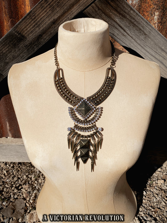 Antiqued Brass/Bronze Style, Geometric Spike Statement Bib Necklace, Modern Era, Studs + Rhinestones - Edgy Boho Punk