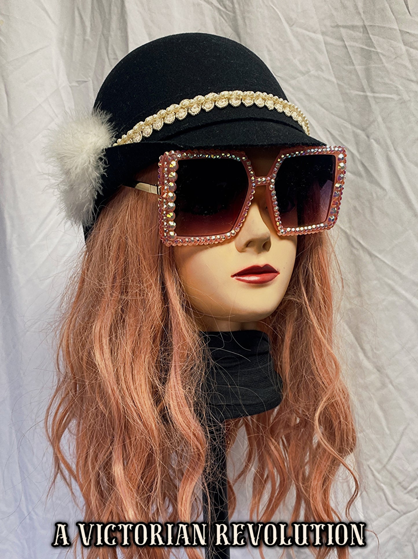 Black Felt Cloche Bucket Hat with a White Feather and Faux Pearl Accent