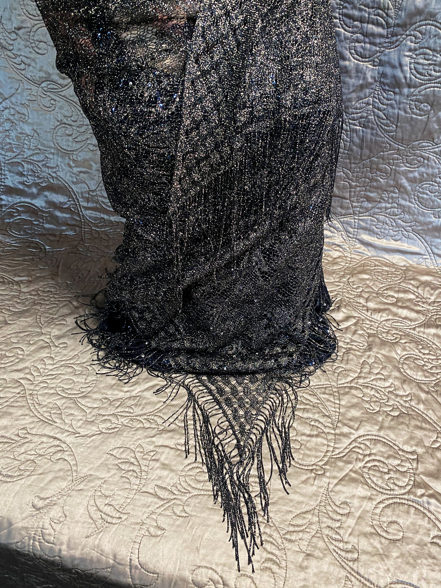 Black and Gold Metallic Glitter Lace Shawl - Knotted Fringe, Loose Knit - Glam Evening Scarf