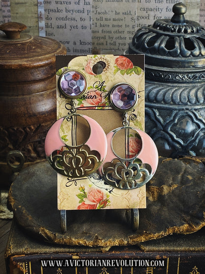 Pink Dangle Earrings – Enamel – Vintage Style – Used
