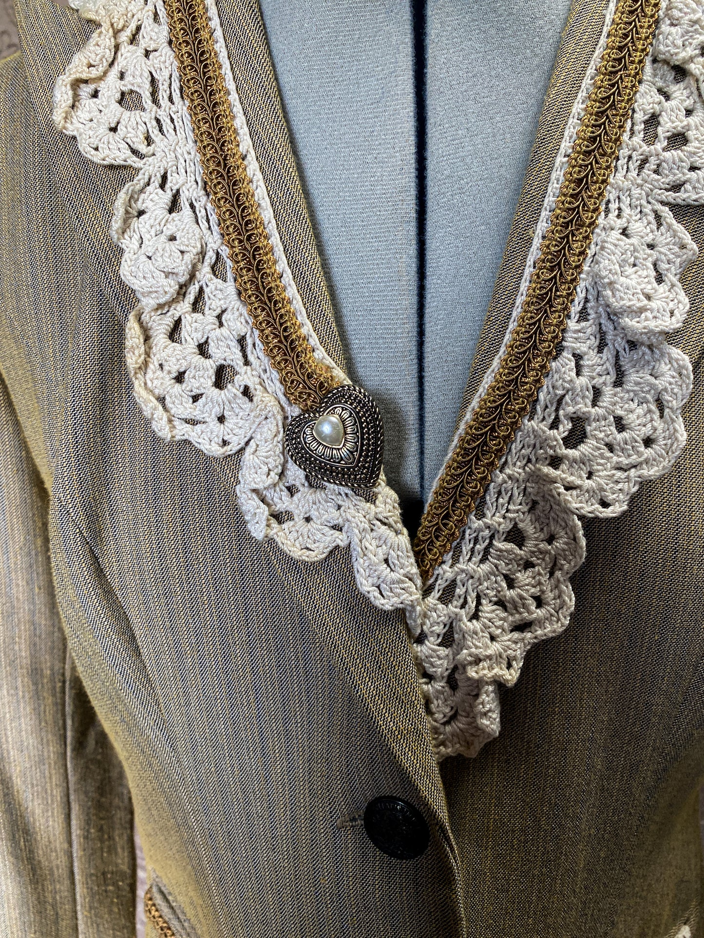 Tan Pinstripe Blazer - Handmade Upcycled Crochet Lace Victorian Steampunk Jacket - Size Small