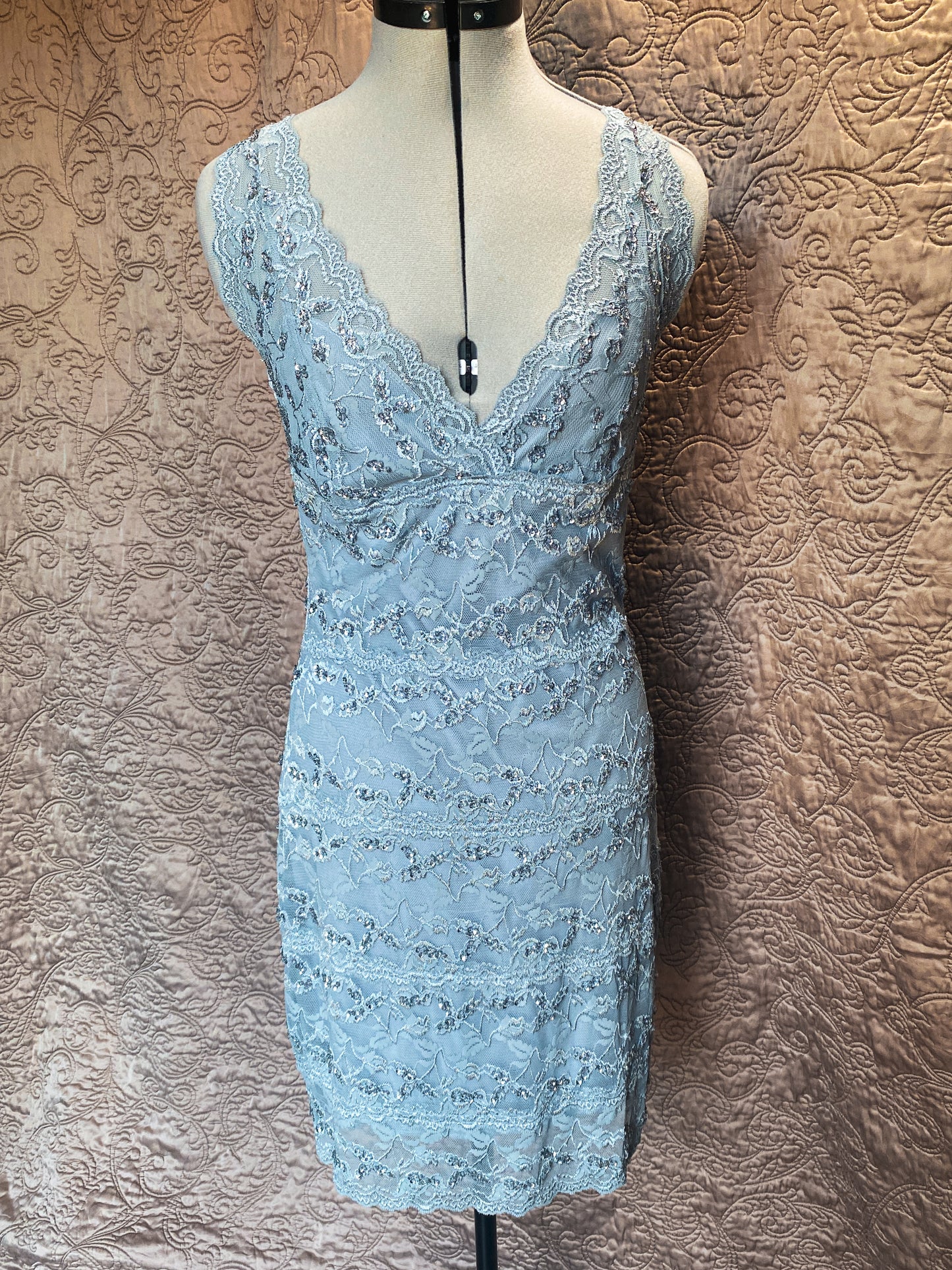 Light Blue Lace Sequin Sheath Mini Dress - V-Neck, Adjustable Straps, Stretchy - Y2K, Vintage Arden B - Size 12
