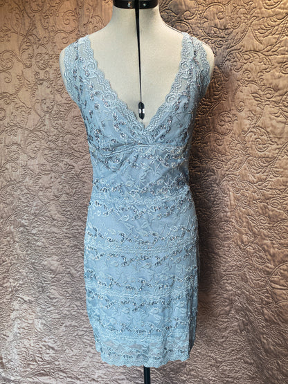 Light Blue Lace Sequin Sheath Mini Dress - V-Neck, Adjustable Straps, Stretchy - Y2K, Vintage Arden B - Size 12