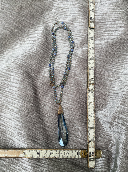Long Sodalite And Blue Faceted Bead Necklace, Large Teardrop Pendant, Retro Boho Style, Elegant Cobalt And Marbled Blue
