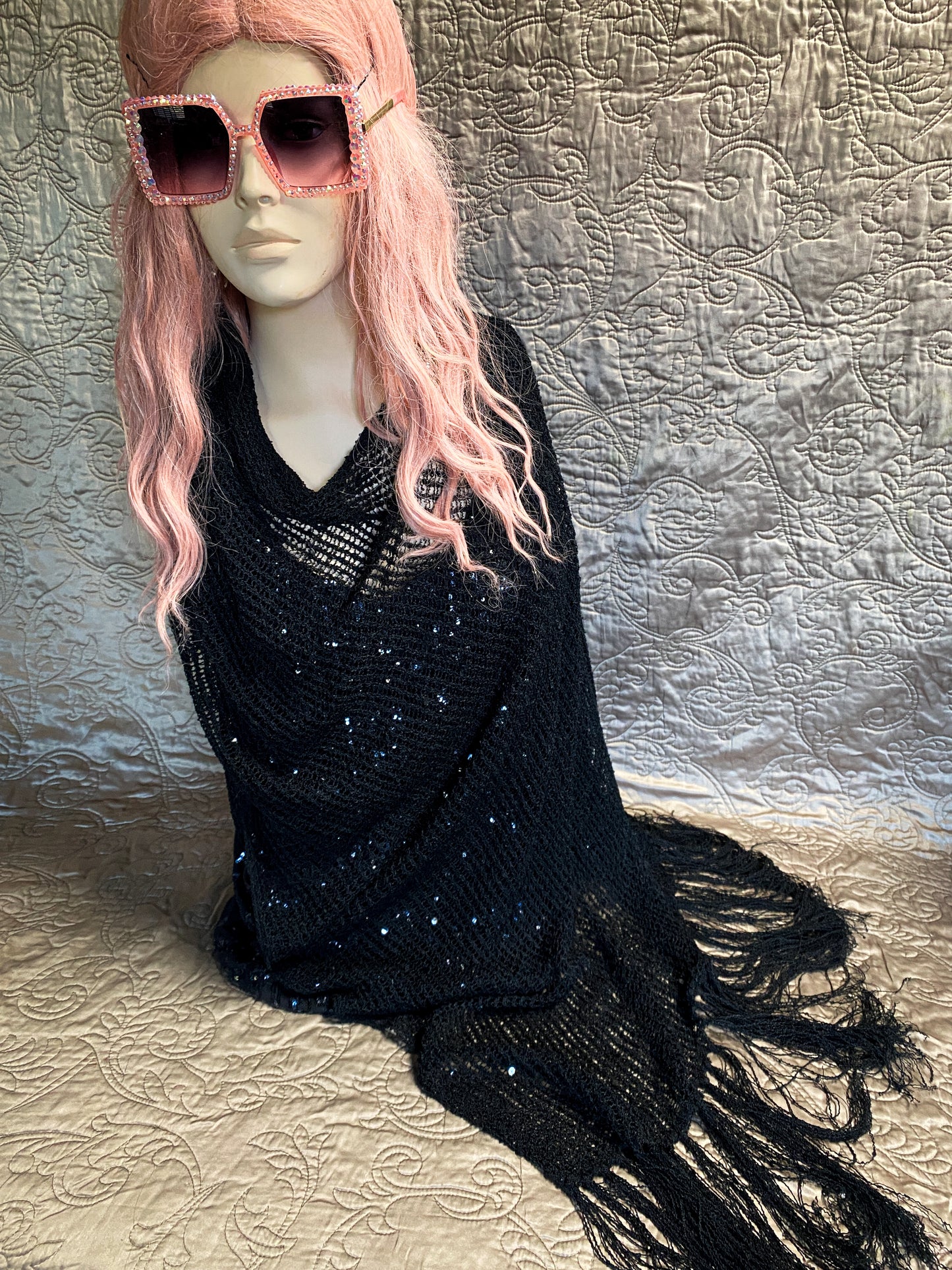 Black Open Knit Poncho Scarf - Sequins And Fringe - Elegant Bohemian Shawl