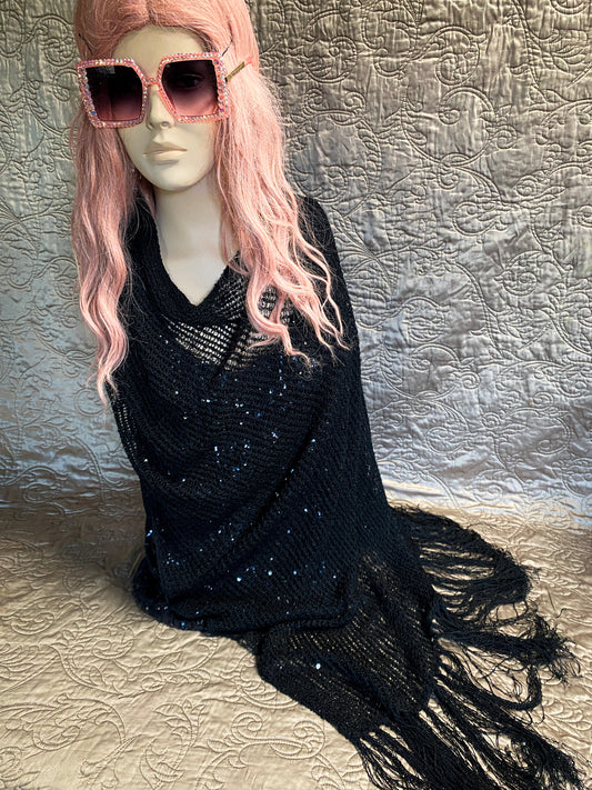 Black Open Knit Poncho Scarf - Sequins And Fringe - Elegant Bohemian Shawl