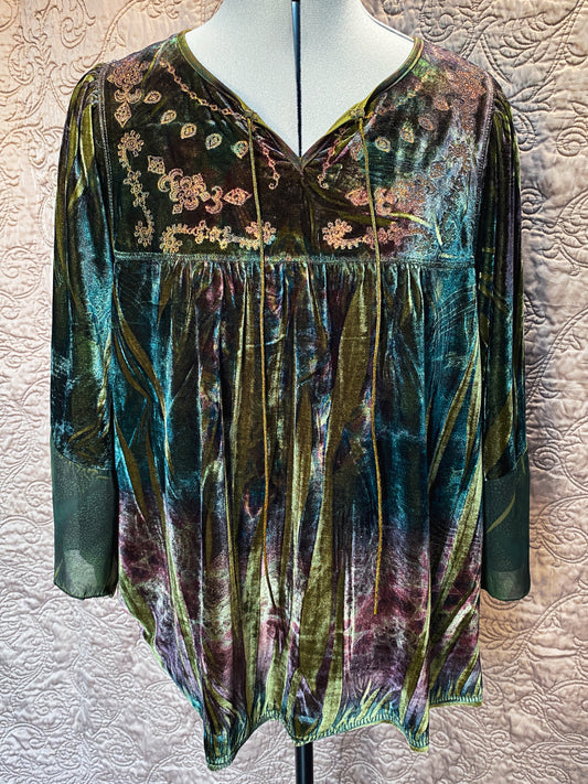 Green Multicolor One World Velvet Tunic - Boho, Hippie, Renaissance Faire, Peasant Shirt -  Size 1X