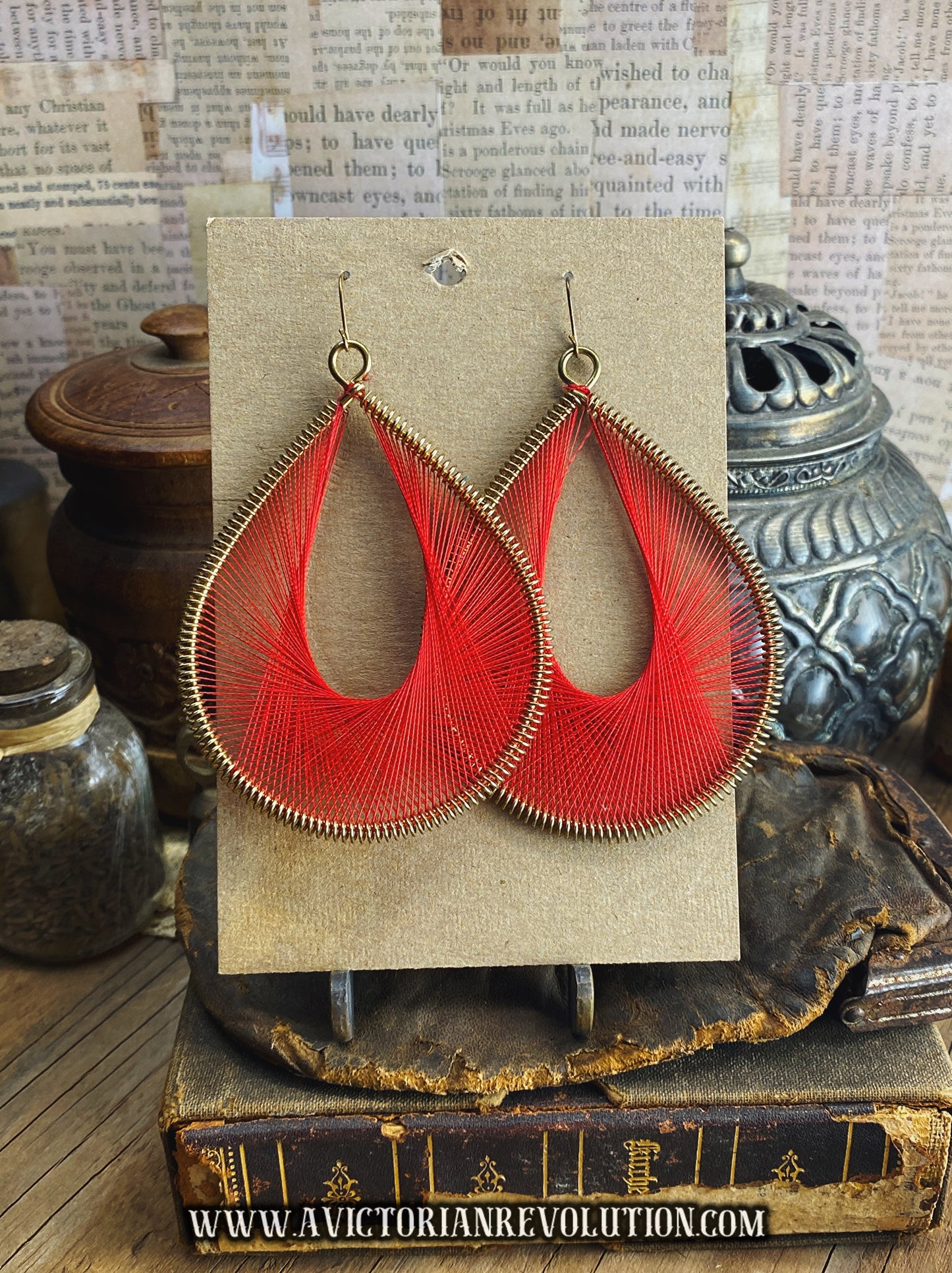Vibrant Red Thread Wrapped Wire Teardrop Dangle Earrings, Bohemian Handmade Style, Vintage Inspired Fashion, Used