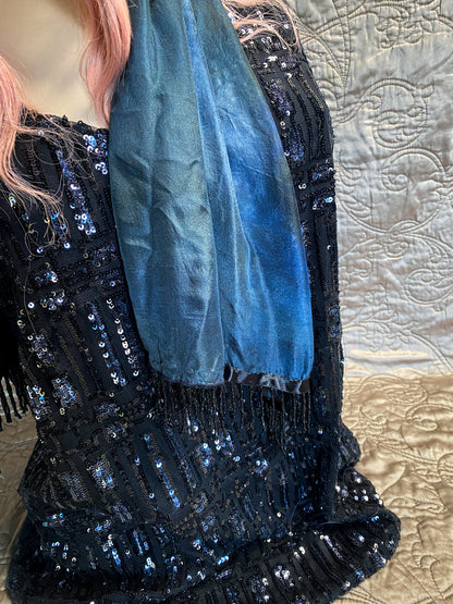 Blue, Purple And Teal Iridescent Dyed Scarf - Black Beaded Fringe - Bohemian Shawl Wrap