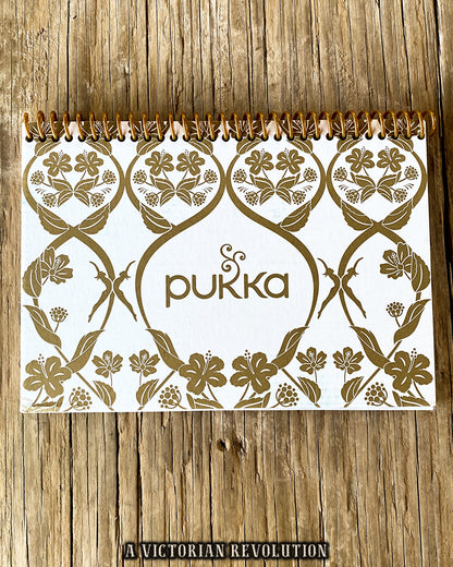 Upcycled Pukka Tea Floral Gold Spiral Notebook, Handmade Recycled Stationery Journal, Feminine Yoga Gift
