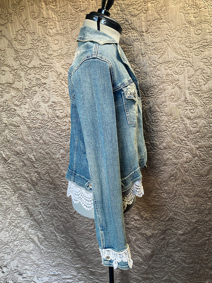 Denim and Lace Upcycled Victorian Jacket -XL