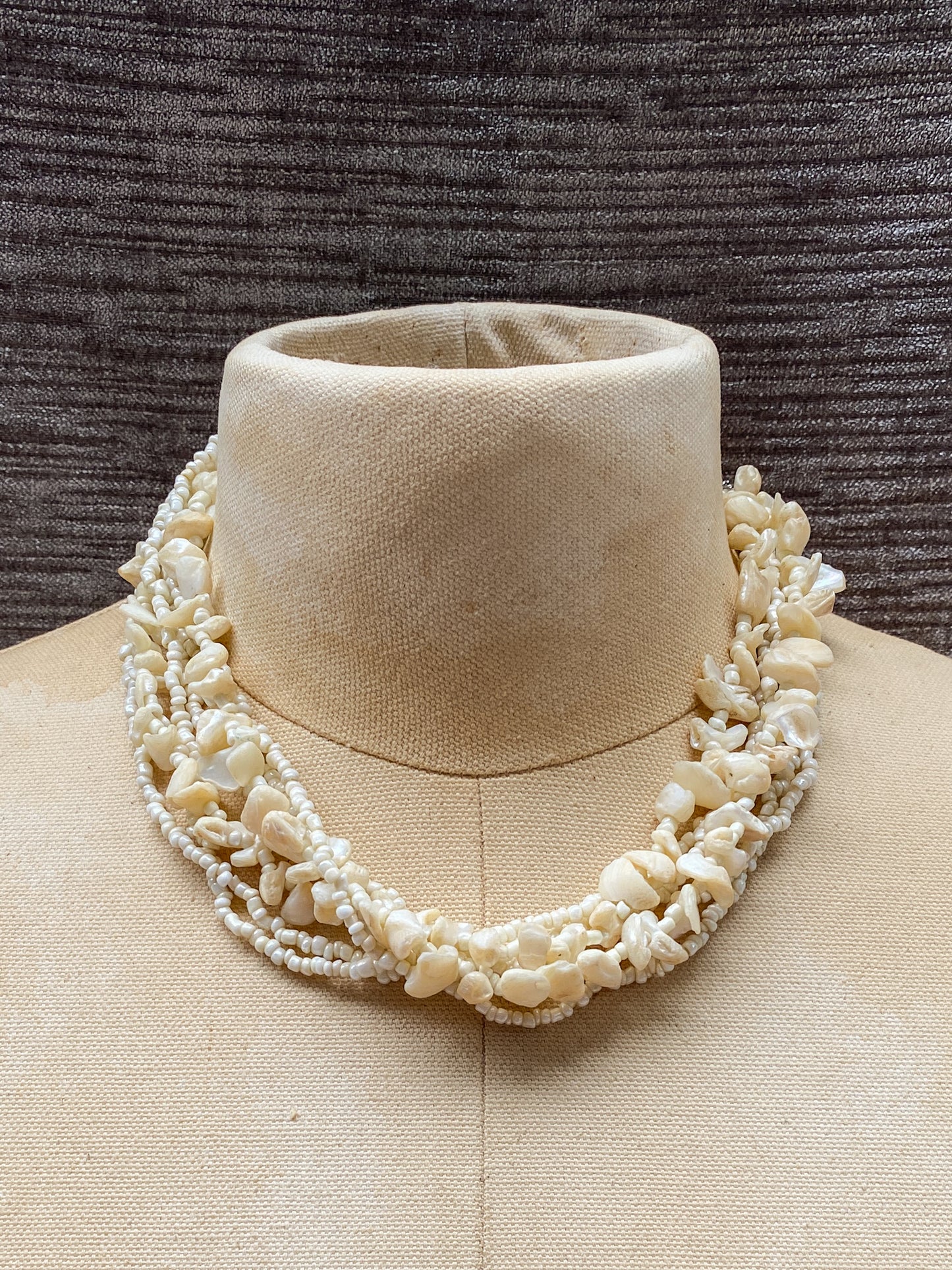 Cream Colored Multi-Strand Shell Chip Necklace, Vintage 90s Seed Bead Statement, Retro - Chunky Layers