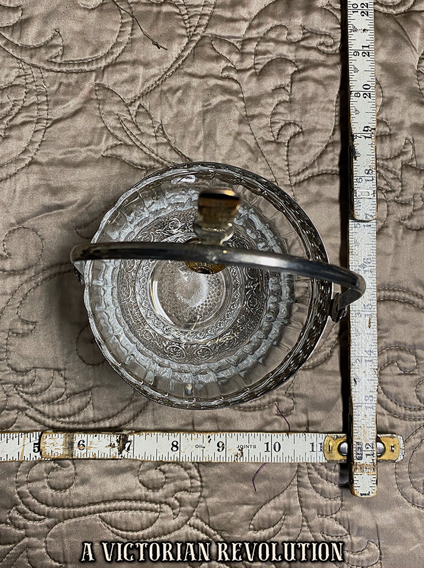 Victorian Style Silver Plated Condiment Caddy with Pressed Glass Insert and Serving Spoon