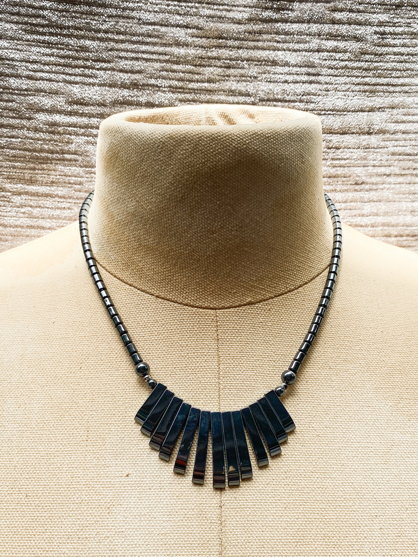 Black Hematite Necklace, Vintage Style Dark Gray Metallic Stone - Geometric Statement Necklace