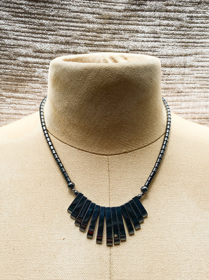 Black Hematite Necklace, Vintage Style Dark Gray Metallic Stone - Geometric Statement Necklace
