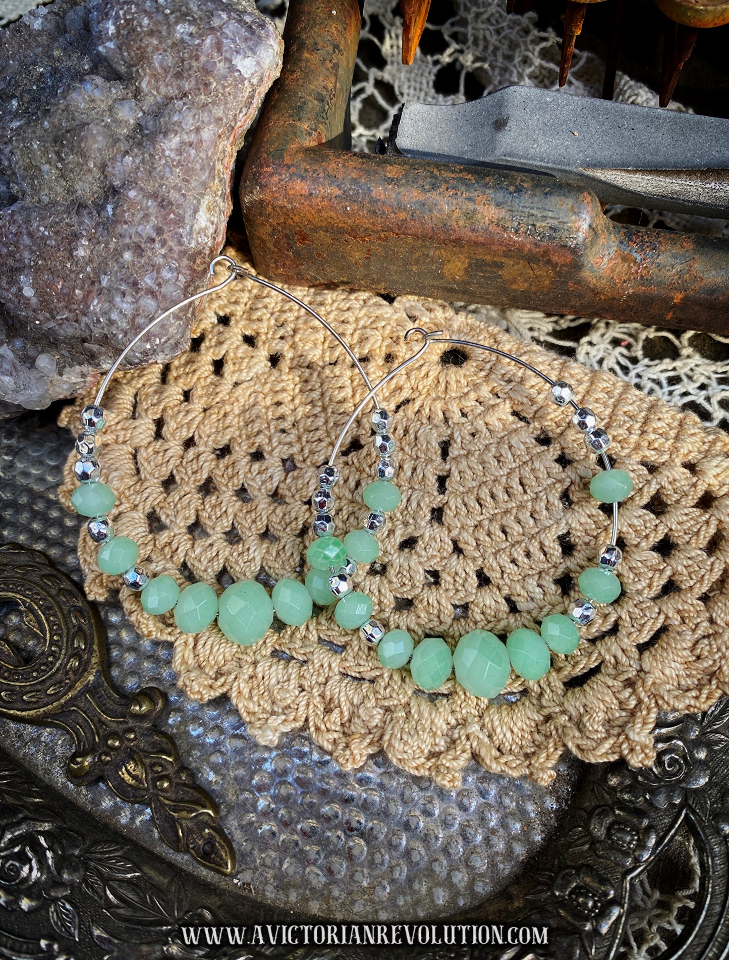 Mint Green Faceted Bead Hoops for Gauged Ears - Stretched Lobe Gauges - Vintage Style