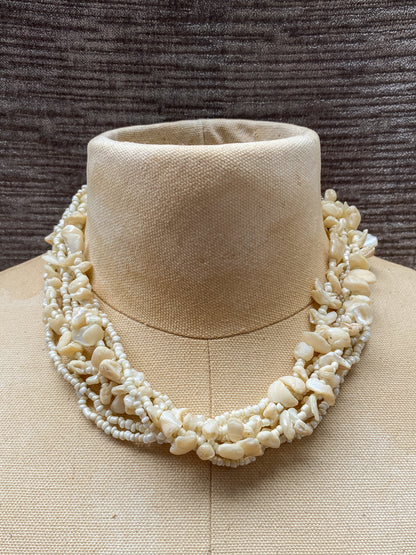Cream Colored Multi-Strand Shell Chip Necklace, Vintage 90s Seed Bead Statement, Retro - Chunky Layers