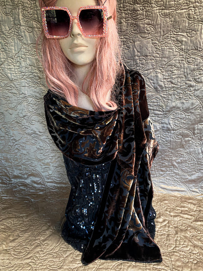 Brown Floral Velvet Scarf - Sheer Silk Bohemian Style Shawl