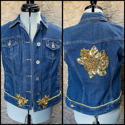 Upcycled Denim Vest with Gold Sequin Floral Applique - Glam Boho, Size Small,