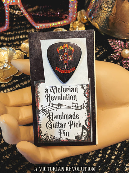 Guns N’ Roses Appetite for Destruction Guitar Pick Pin - Handmade Upcycled Music Accessory - Rock Band Lapel Pin - Unique Gift for Musicians